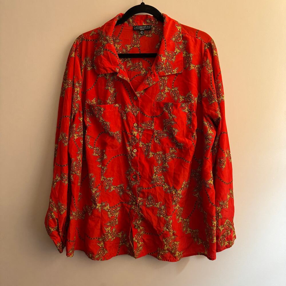 Vintage Elementz Button-Up Shirt Red Gold Chain Print Collared Long Sleeve Sz 2X